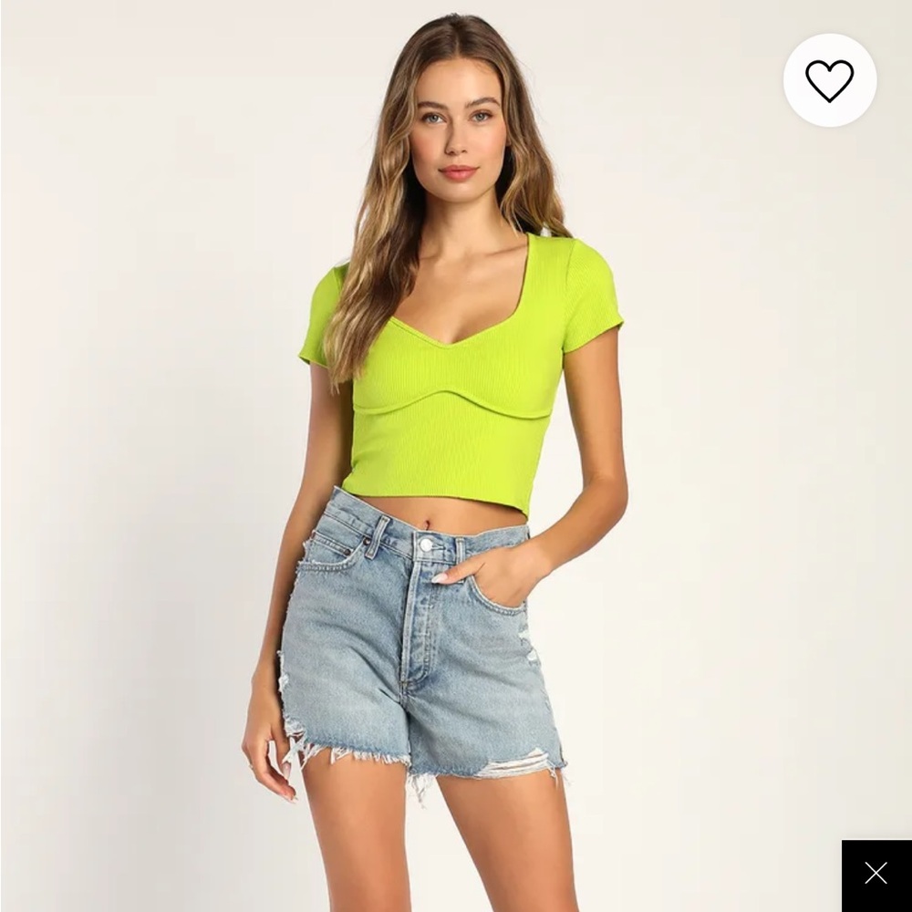 Lulus Lime Green Ribbed Seamed Short Sleeve Crop Top